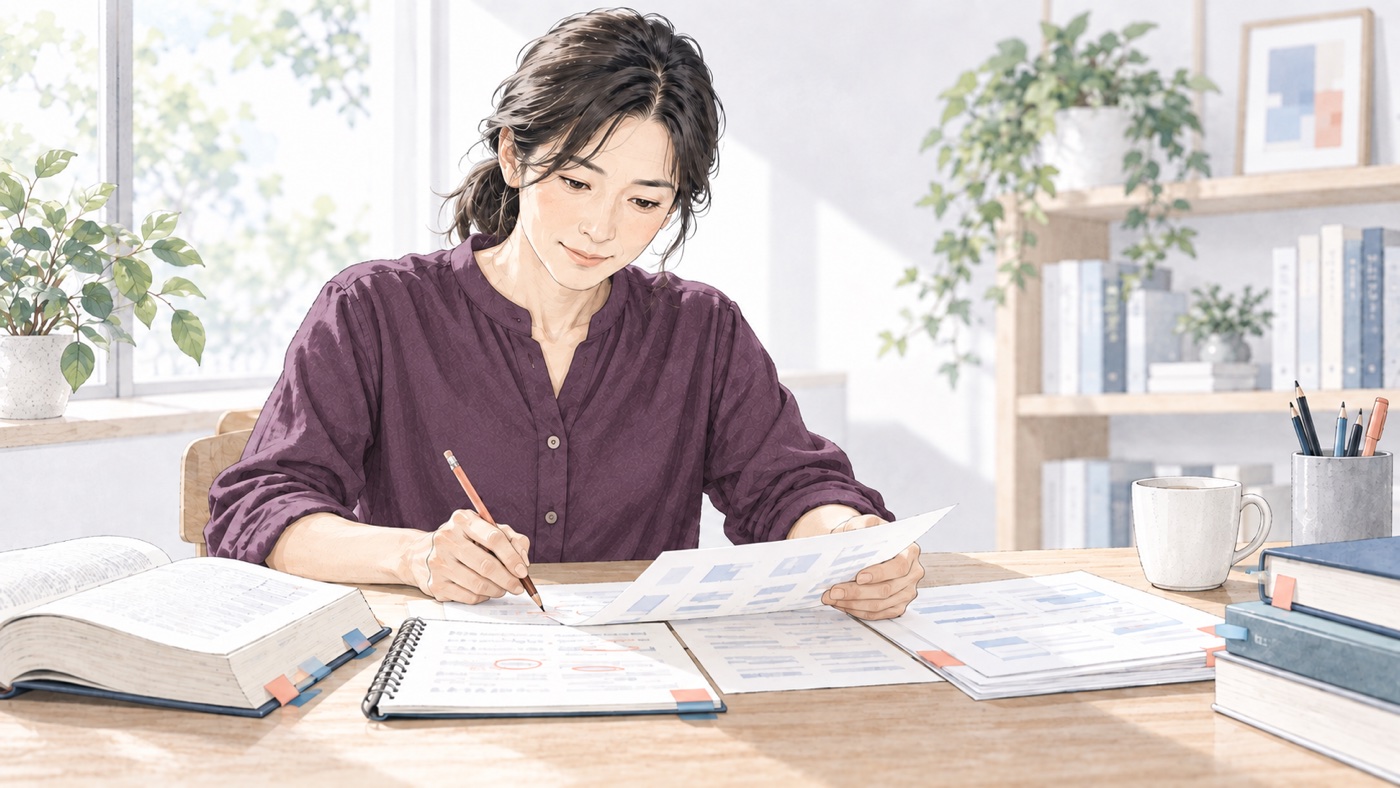日本語資料を多様な同僚と確認し、仕事で使える表現を学ぶ40代のイメージ