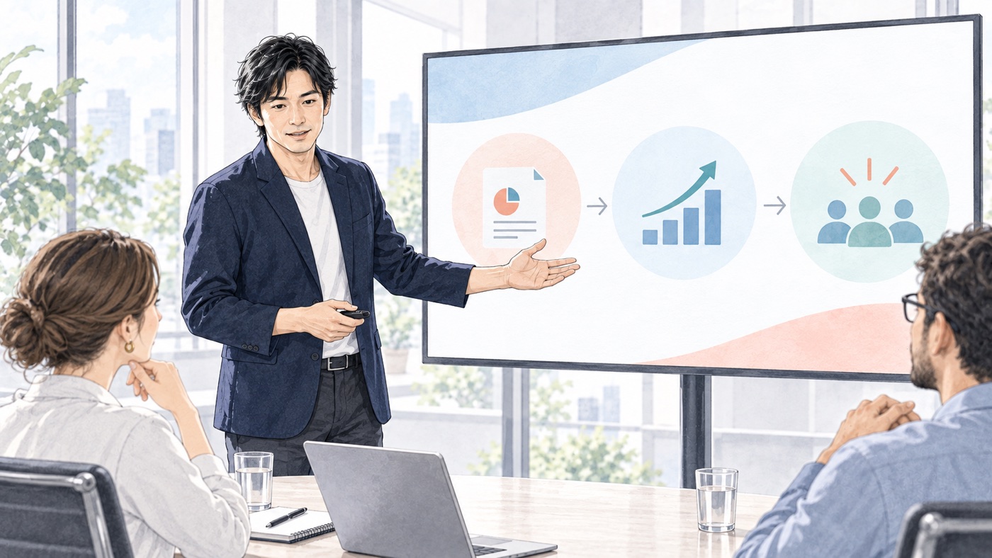 プレゼン力を国際会議・研修・共同制作へ広げる40代のイメージ