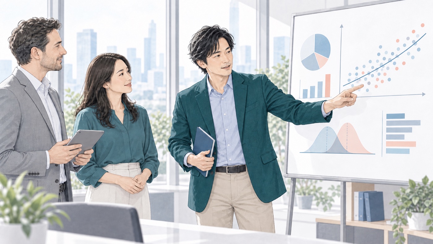 国際データ会議で分析結果を示し、仕事での活用を提案する40代のイメージ